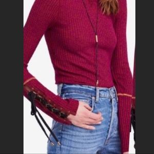 Free People Magenta Lace-up Sleeve Sweater Sz L